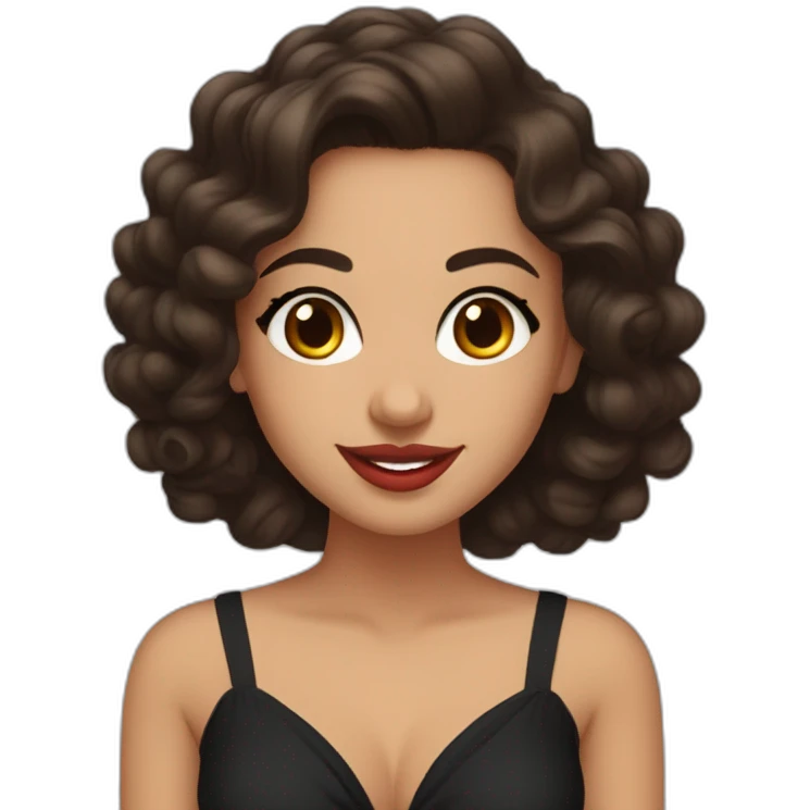young moroccan woman with dark brown eyes, brown long curling hair with lighter tips, red lips, big smile, cleavage black dress emoji