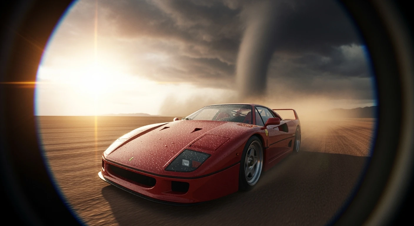 Cinematic still of a ferrari f40 around tornado od arizona desert, sun flare, captured by gopro hero with effect fisheye, water drops on car body, detailed emoji