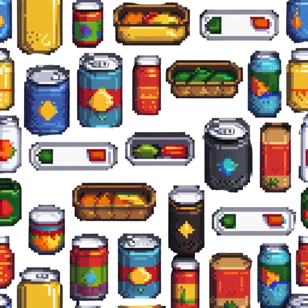 Four pixelated canned food items in a row, different colored cans emoji
