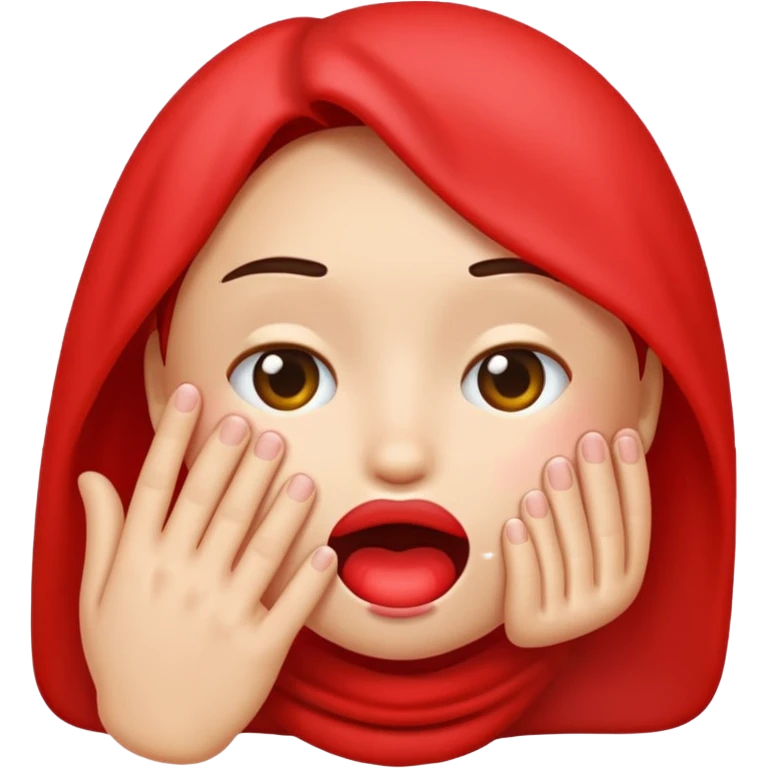 Emoji blushing and covering mouth with hand while being red emoji