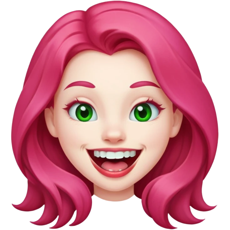 Young girl with pale skin, full pink lips smiling with big teeth, red long hair, big brown eyes with a hint of green, big mouth emoji