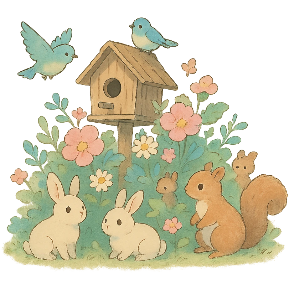 birdhouse with flowers and forest creatures including bunnies, birds, and squirrels, soft pastel colors, transparent background, ghibli style emoji