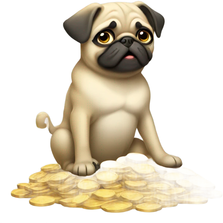 cute derpy pug sitting on a pile of gold coins emoji