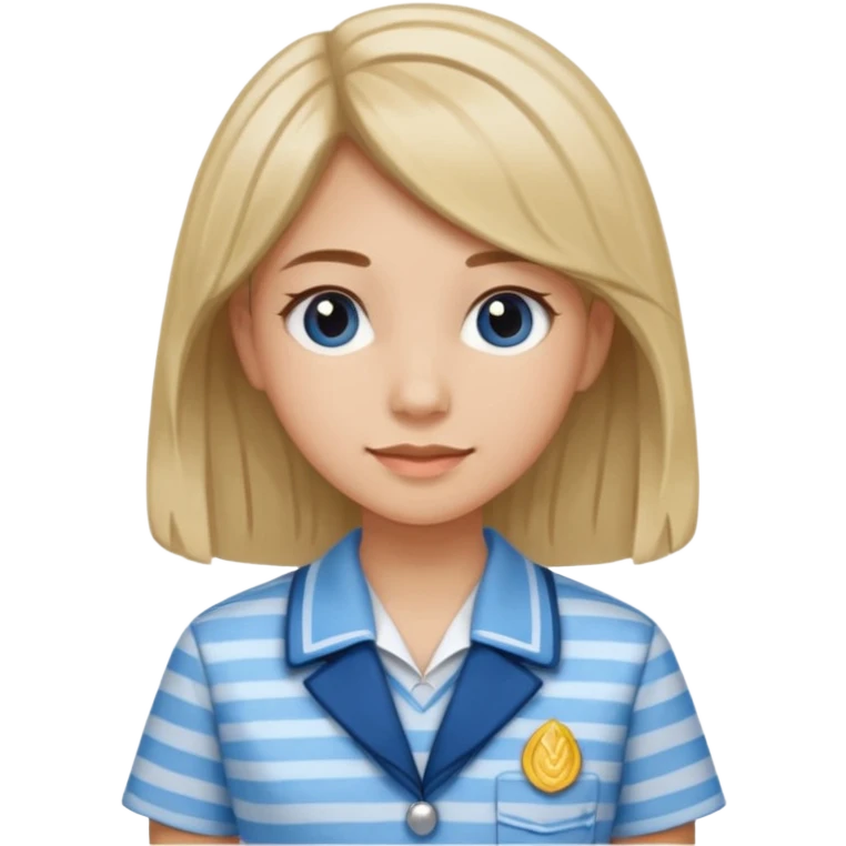 seorang perempuan berambut panjang namun tdk panjang sekali, memakai baju batik sekolah biru muda bermotif garis garis biru muda emoji