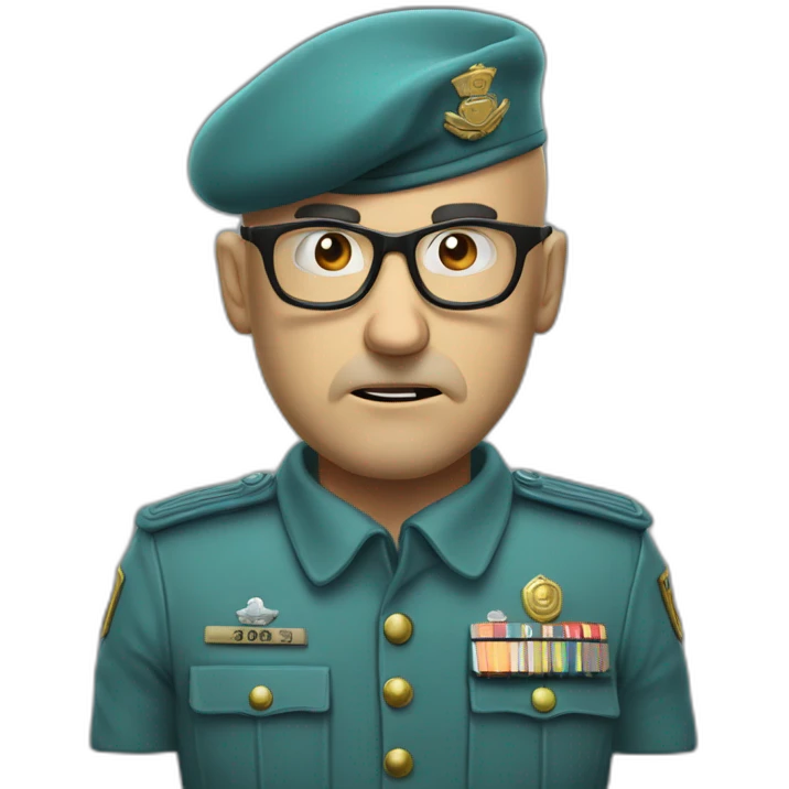 High detail cyan beret bald very angry 50 years old man with glasses no hair furious very angry frown with khaki uniform emoji