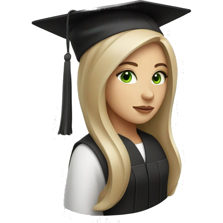 Long brown hair white woman with black graduation hat and green eyes emoji