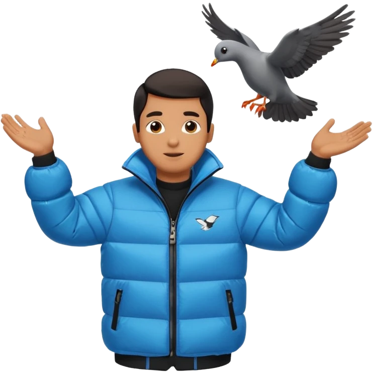 puffer shiny black jacket man open arms looking at a flying pigeon emoji