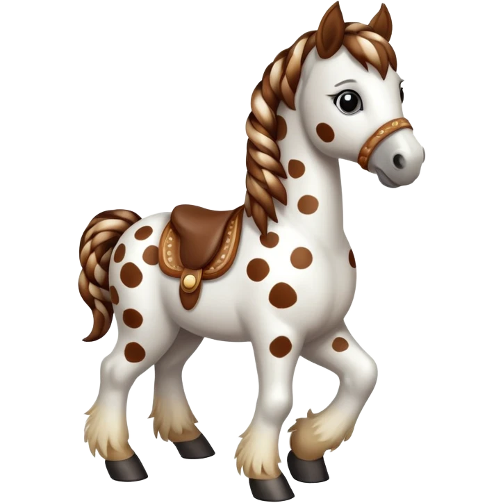 A spotted toy horse with braided mane and friendly expression emoji
