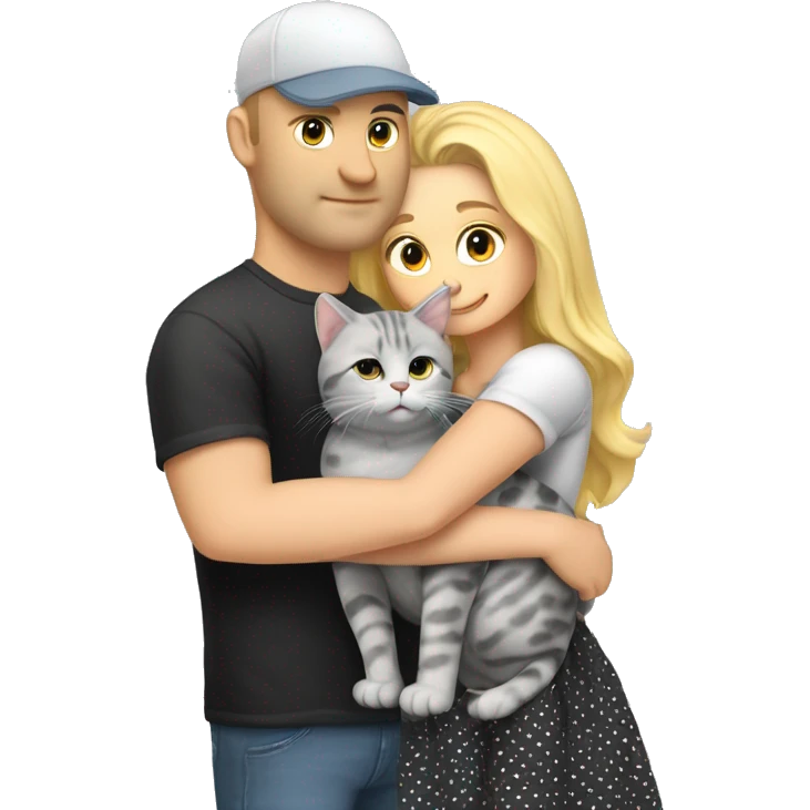3 objects - a beautiful blonde with long hair and a polka-dotted dress, a bald handsome man in a cap and a rock T-shirt, and a fat gray cat with black spots. The man hugs the blonde and holds the cat in his hands emoji