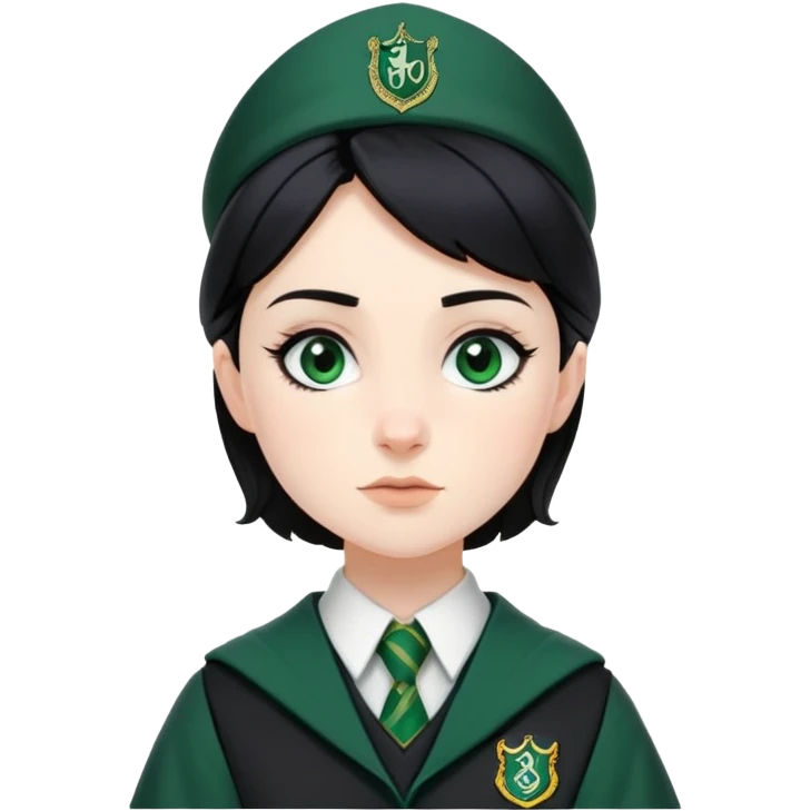 Pansy Parkinson in harry potter, wear hogwarts slytherin uniform, black hair, not wearing hat emoji