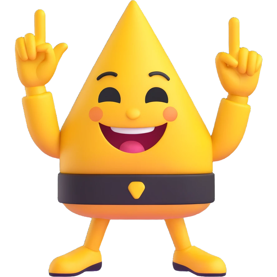 A 2D cartoon-style yellow emoji with a mischievous smile, triangle-shaped eyes, and both hands pointing upward with index fingers.  clean digital style, and a fun, dancing expression. Style similar to children’s drawing tutorials, dancing expression. No background, isolated on white.  emoji