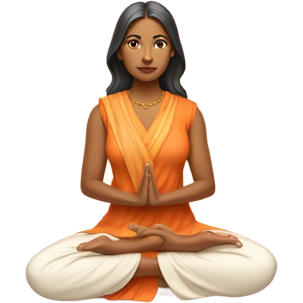 an  Indian woman, sleeveless pastel shirt
 yogi with a peaceful and meditative expression. The character should be wearing an orange robe, symbolizing traditional yogic attire. The yogi can be sitting in a lotus position emoji