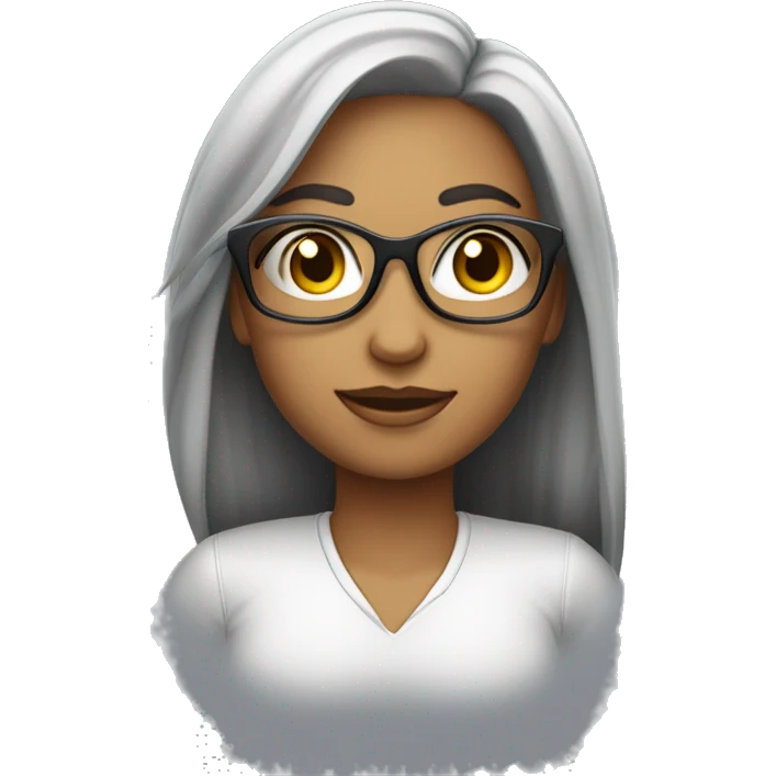 Uma mulher com cabelo claro ,usando óculos de grau com armação preta com um colar de contas com uma pena  emoji