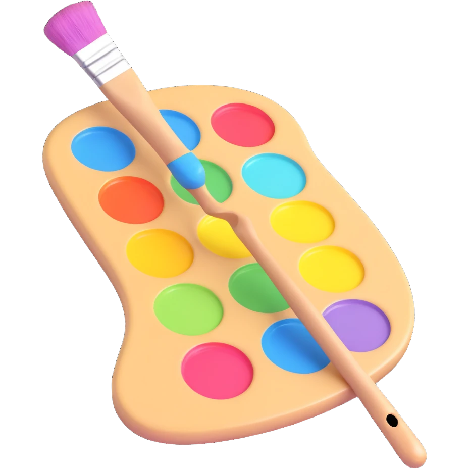 painter's palette with brush, 3D emoji style, pastel colors, plastic effect, no text emoji