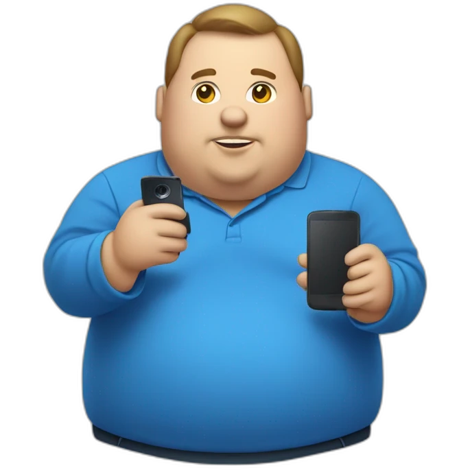 fat man in a blue shirt holding a phone emoji