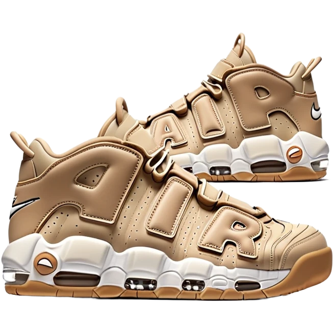 Minimalist pair of beige Nike Air More Uptempo sneakers side by side, clean simple design with AIR lettering on sides emoji