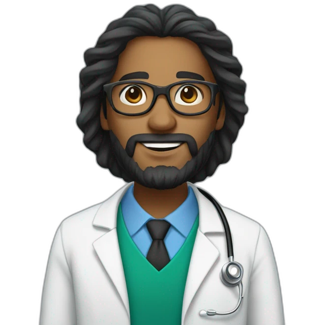 Dark-skinned Mauritian doctor with long black tousled hair with a circular beard and black glasses emoji
