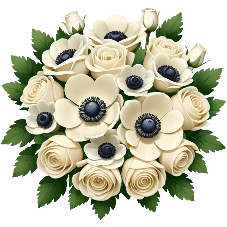 Cream and white bridal bouquet with white roses and anemone flowers, realistic emoji