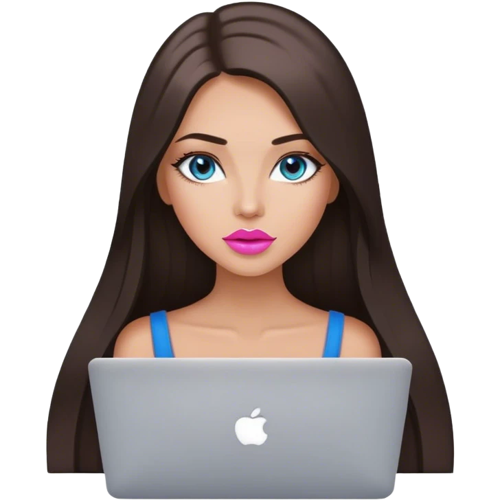 Glamours tanned very beautiful girl with pump pink-beige lips and dark chocolate straight smooth long hair, blue-grey eyes with MacBook emoji