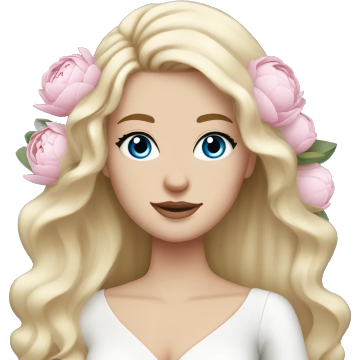 White bride with long light blonde hair and blue eyes with light pink peonies in hair white skin  emoji