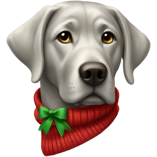 Silver lab with red sweater with green bow emoji
