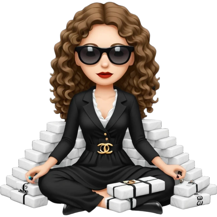 Female drug boss with long curly brown hair,  sitting on a pile of cocaine, sunglasses on and wearing black low cut long Chanel dress emoji