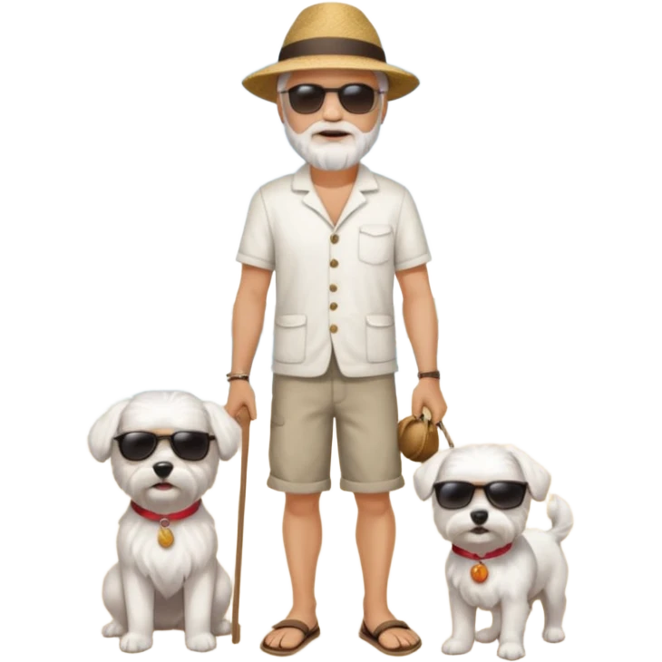 white man grey hair beard holding a white Maltese on a beach full body emoji
