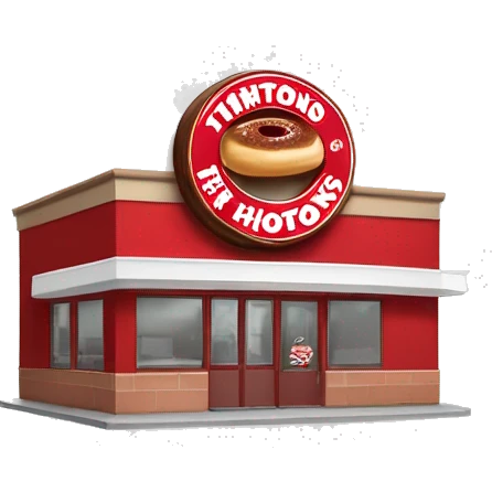 “Tim Hortons store with a red and white color scheme, featuring the classic Tim Hortons logo, a warm and welcoming design that represents a popular coffee and donut shop.” emoji