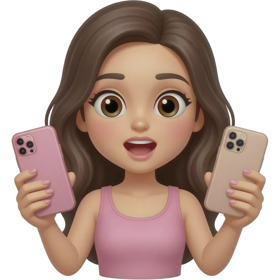 aesthetic emoji cm girl, exited expression, holding 2 smartphones in one hand, distracted, trendy nail art, soft pink and nude tones, minimal makeup, clean background, soft lighting, girly aesthetic, 3D emoji style, high detail emoji
