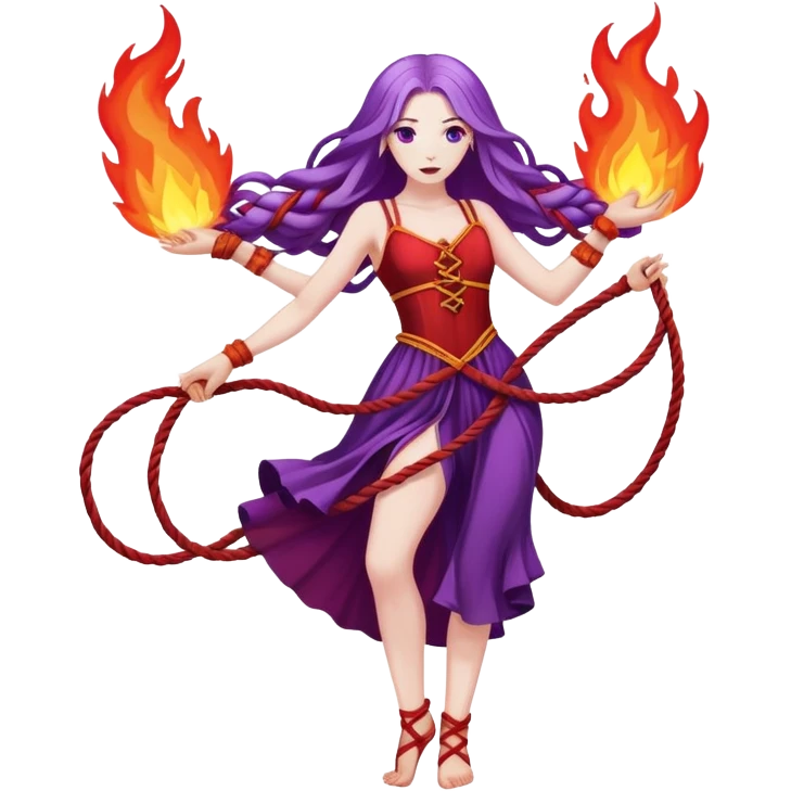 Full body two ropes on fire dance performer pale skin with long purple hair red dress emoji