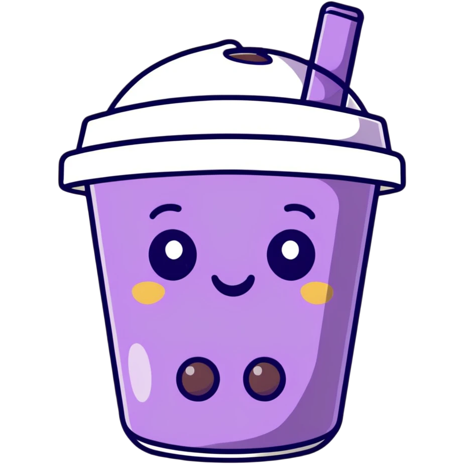 Purple bubble tea cup with a cute face and black tapioca pearls inside emoji