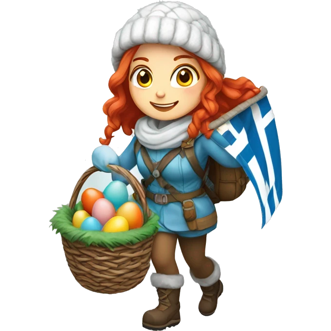 Female winter mountaineer red hair white skin climbing with Greek Flag and Easter eggs basket emoji