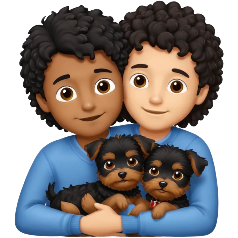 Young man with little brown skin, black curly hair, cheerful dark brown eyes, hugging two Yorkie dogs long hair emoji