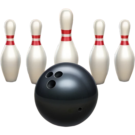A bowling ball rolling down the lane towards a set of pins, with the pins poised to fall. The scene is set in a bowling alley with bright lights and a polished wooden floor, capturing the excitement and precision of the sport. emoji