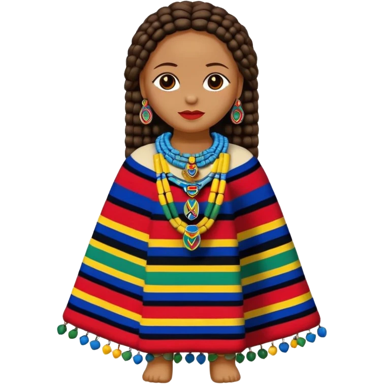 Traditional Ndebele doll standing, colorful beaded jewelry, layered necklaces, patterned blankets, cylindrical body, round head, bright colors blue red yellow green white black, classic Apple emoji style emoji