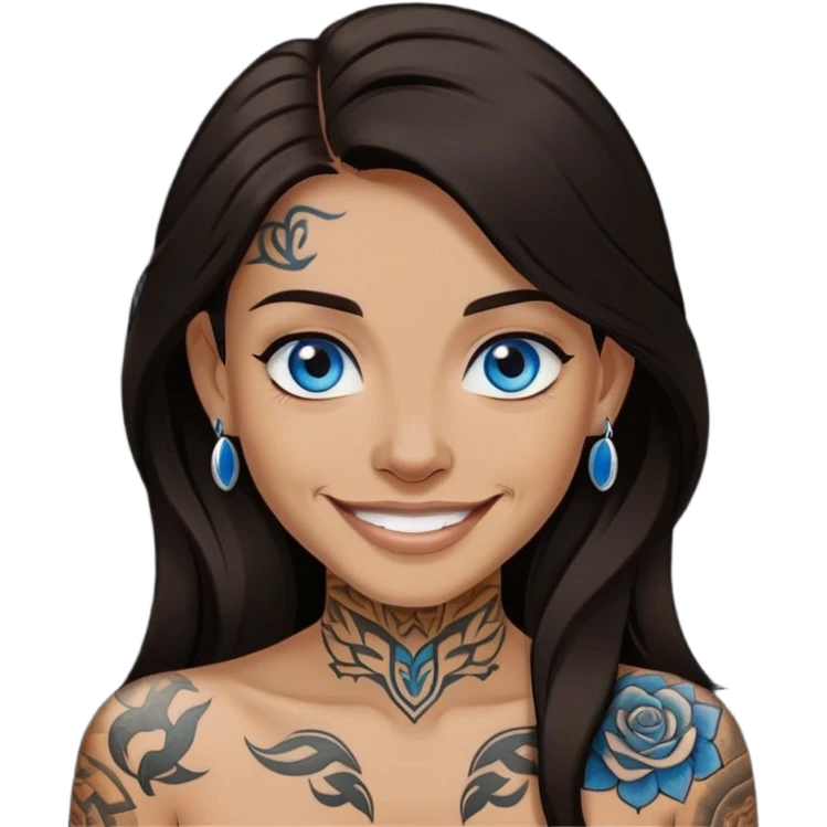 Long dark brown hair, blue eyes, no wrinkles, smiling, tattoos, wearing black emoji
