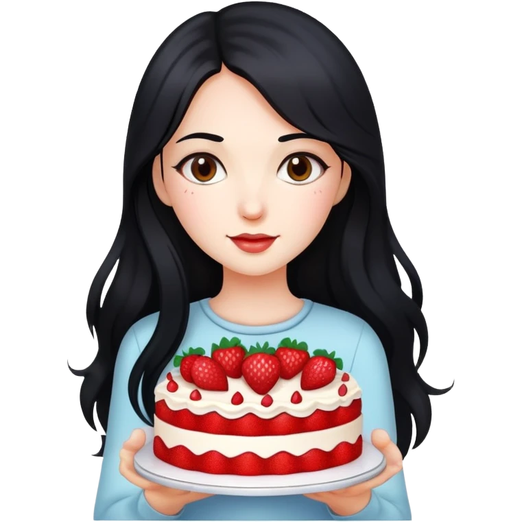 Beautiful girl with long black hair holding a strawberry cake emoji