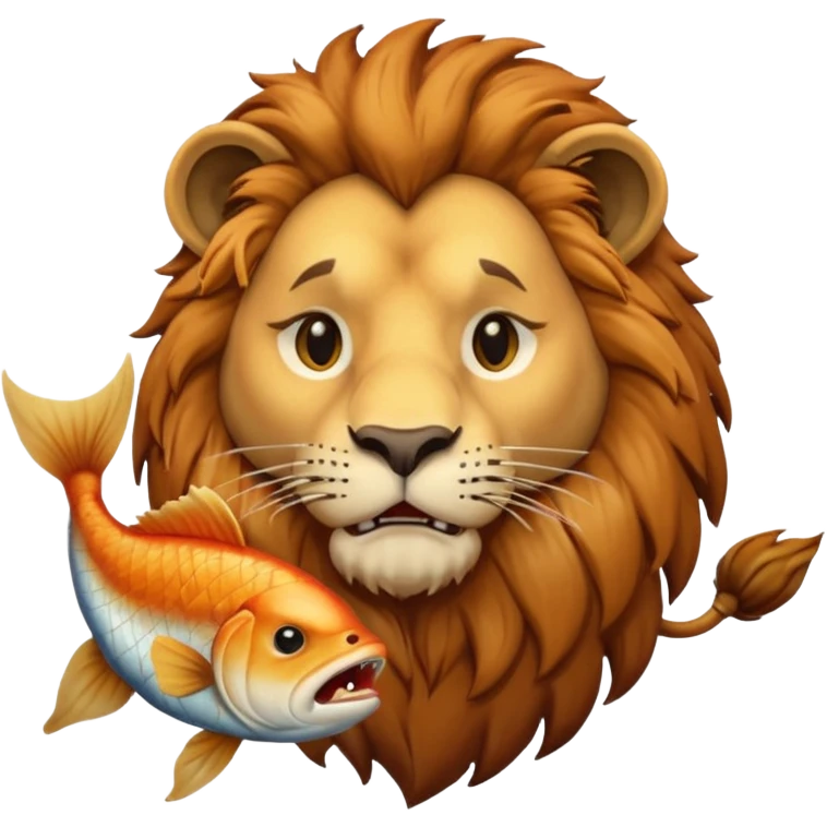  A lion eating a fish, feeling sad, portrait, bust up emoji