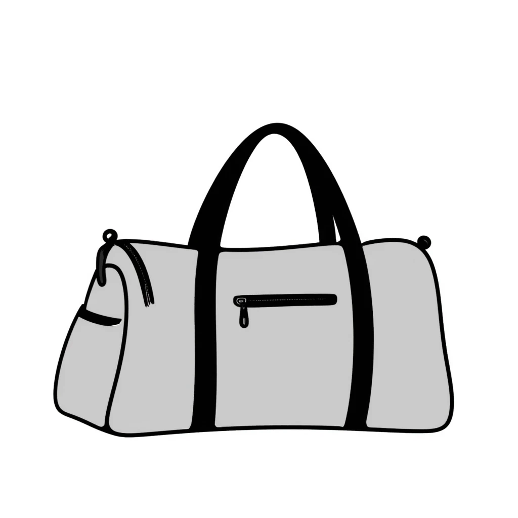 A sports duffel bag with straps and pockets in pastel colors (dd9fb0, ffc6d3, a3bfc9, c4bee2, f1b091), hand-drawn doodle style emoji