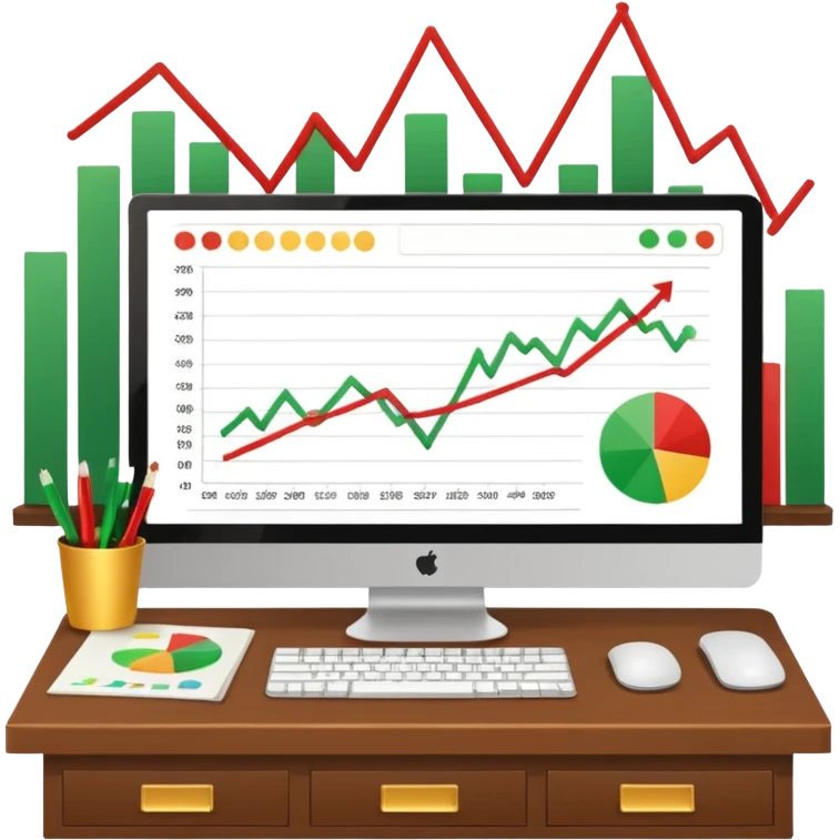 Mach mir einen schreibtisch mit einem bildschirm drauf wo mann einen Chart sieht von Gold emoji
