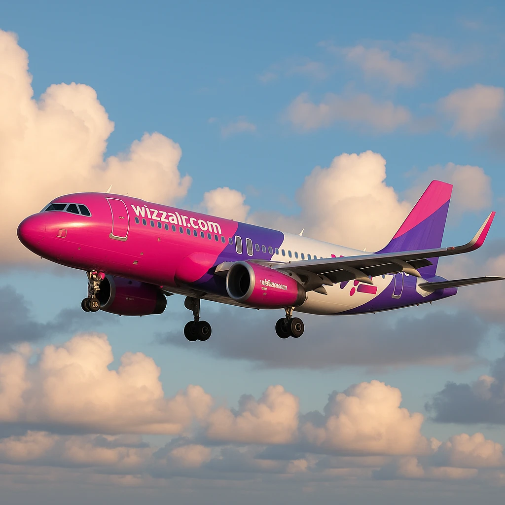 Wizz Air Airbus A320 airplane, flying in the sky, pink and purple colors, clouds emoji