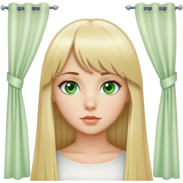 Beautiful Russian girl, green eyes, blond long straight hair, slightly long bangs with a curtain emoji