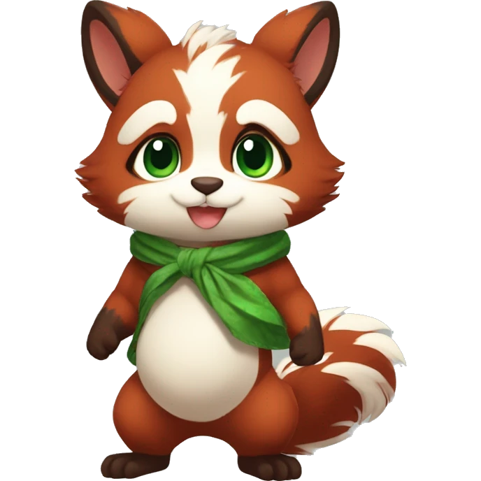 Cute, Chibi, chubby, fluffy, Kemono-style, Anthro, Fur-Sona, Dark-Red, Squirrel-RedPanda-hybrid-Fakémon, with a green bandana, full body emoji