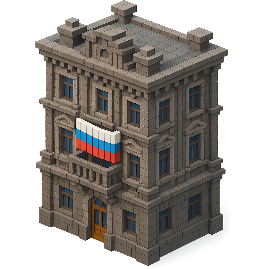 old Saint Petersburg building in voxel style, gray-brown tones, ornate facade, Russian flag draped over a balcony, isometric view emoji