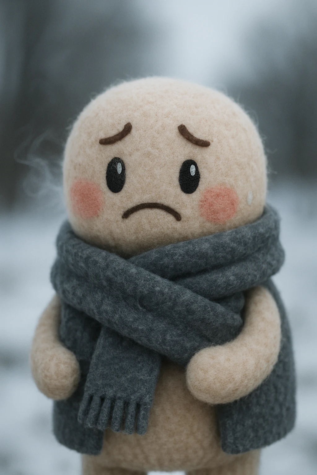 plush face with rosy cheeks, wrapped in a thick scarf, visible breath, shivering, cold weather emoji