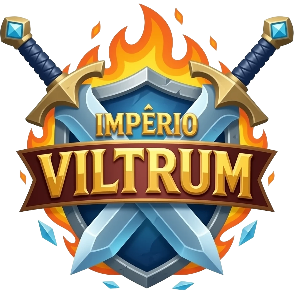 logo para guilda de rpg escrito IMPÉRIO VILTRUM com espadas de magia, ao redor da logo com fogo e gelo emoji