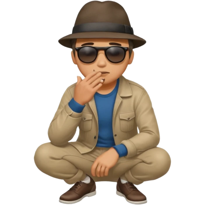 A man squatting down and holdig his hand flat a bit above the ground, like your pettig the air and while holding his finger to his mouth emoji