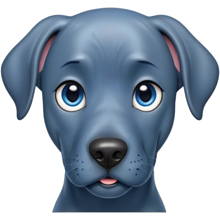 Cinematic Cute Blue Great Dane Portrait Emoji, Head tilted playfully and inquisitively, featuring a glossy blue Fur with a refined sheen, round, sparkling steel-blue eyes filled with curiosity, Simplified yet irresistibly adorable features, highly detailed, glowing with a warm, friendly glow, high shine, affectionate and gentle, stylized with a touch of whimsy, bright and endearing, soft glowing outline, capturing the essence of a mischievous yet loving pup, so playful it feels like it could lumber out of the screen and into your arms! emoji