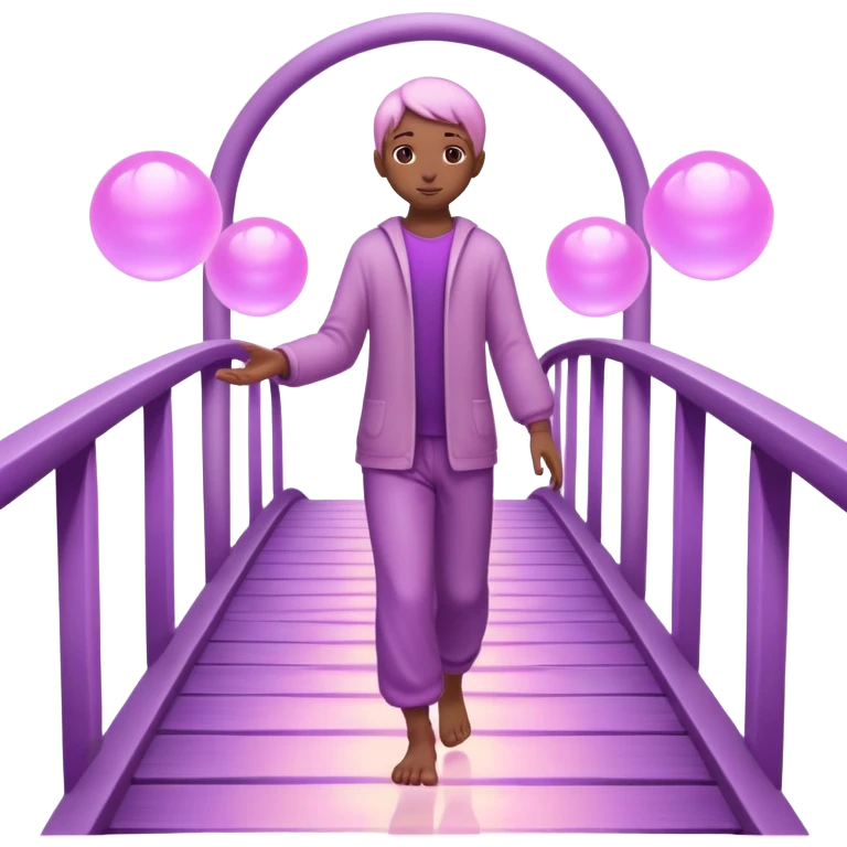A small figure walks across a glowing bridge, holding soft pink and purple orbs in each hand—symbolizing compassion and forgiveness. A gentle heart aura trails behind them, showing healing in motion. emoji