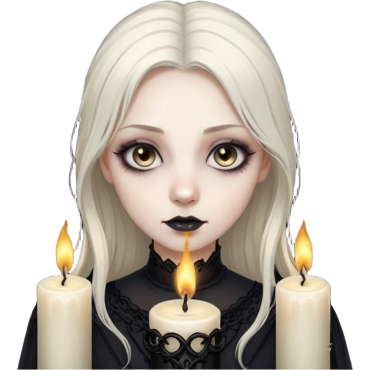 Pale woman with kohl-lined eyes staring through candle smoke, predatory calm, gothic fantasy mood emoji